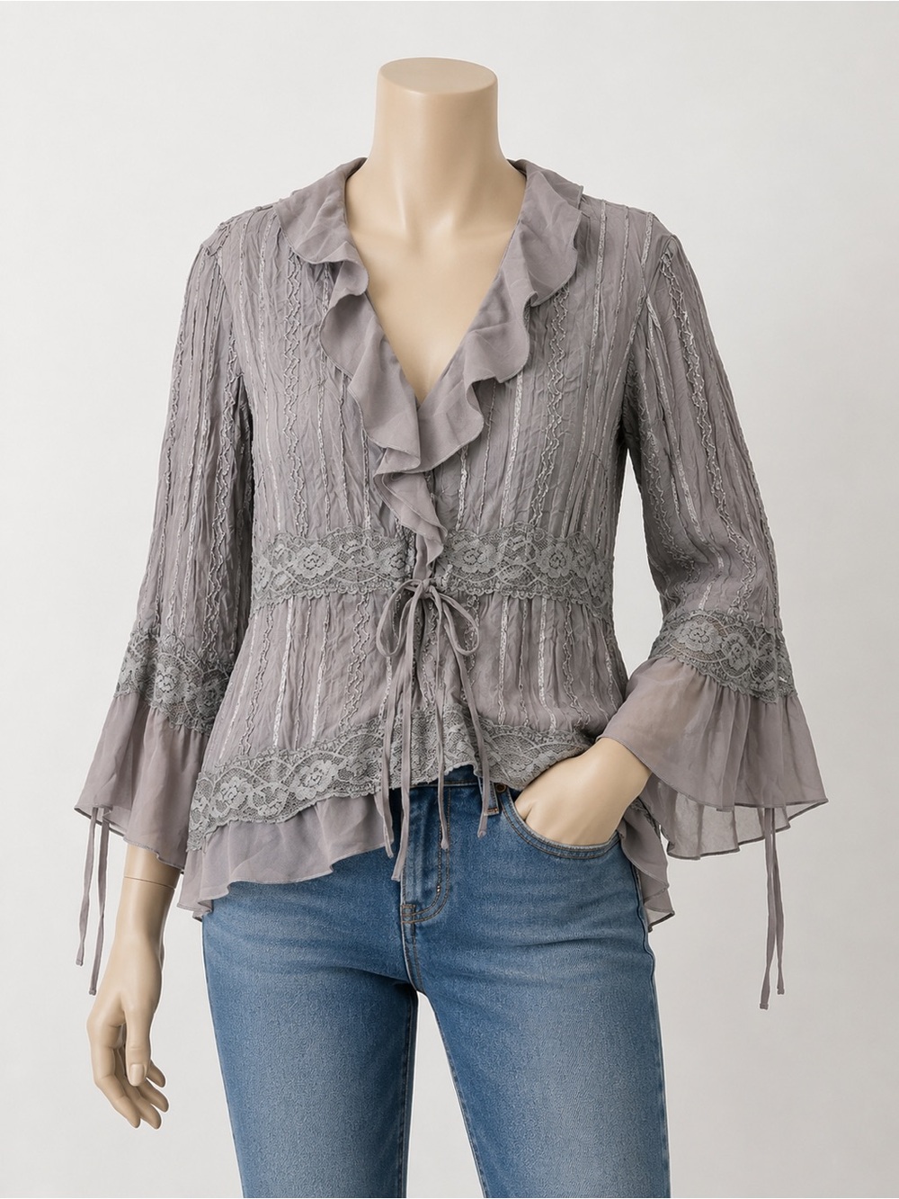 Piano Boho Taupe Lace Ruffle Sequin Blouse XL